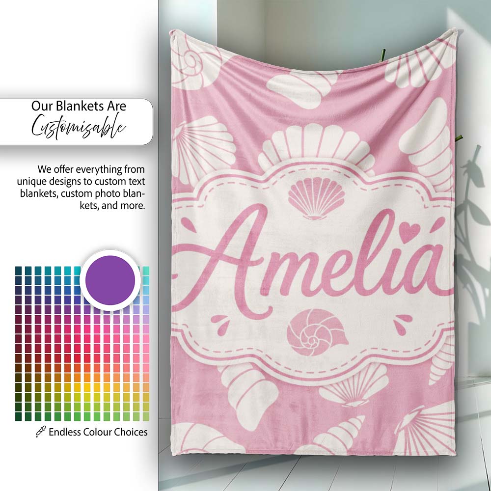 Minimal Seashell Pattern Soft Pink Background Coastal Style Personalised Custom Name Super Soft Fleece Blanket Bed Sofa Throw