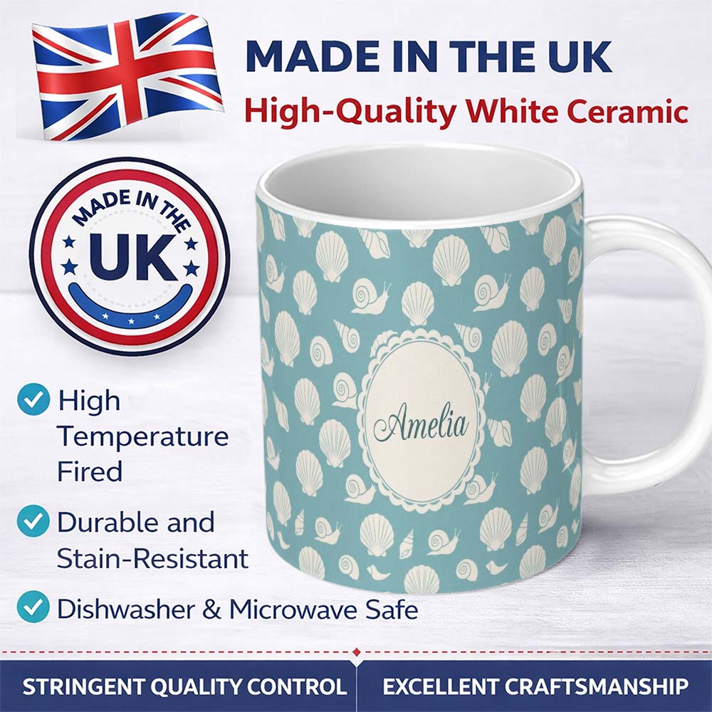 Personalized Custom Name Minimal Seashell Pattern Aqua Blue Background Coastal Style 11oz Ceramic Coffee Tea Mug White Large Handle