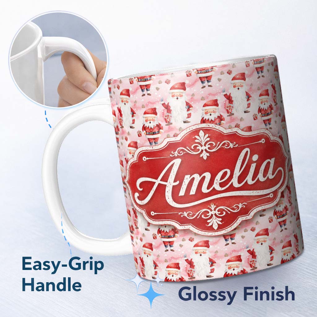 Personalized Custom Name Cute Cartoon Santa Pink Snow Gift Pattern Whimsical Christmas Lovely 11oz Ceramic Coffee Tea Mug White Large Handle