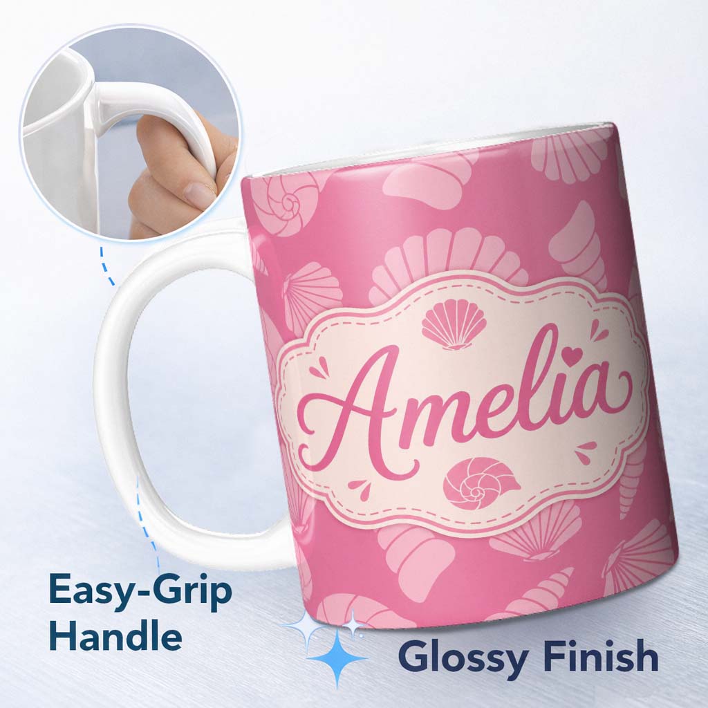 Personalized Custom Name Minimal Seashell Pattern Coral Pink Background Coastal Style 11oz Ceramic Coffee Tea Mug White Large Handle