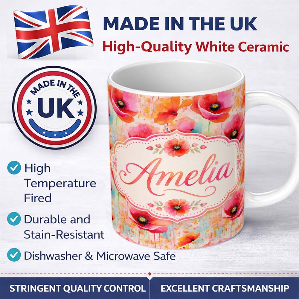 Personalized Custom Name Abstract Watercolor Poppy Bloom with Drip Effect Seamless Pattern 11oz Ceramic Coffee Tea Mug White Large Handle