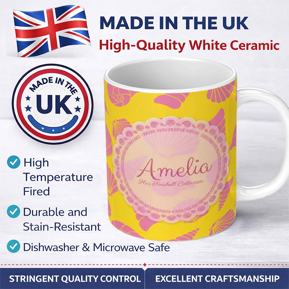 Personalized Custom Name Minimal Seashell Pattern Yellow Pink Contrast Background Seamless 11oz Ceramic Coffee Tea Mug White Large Handle