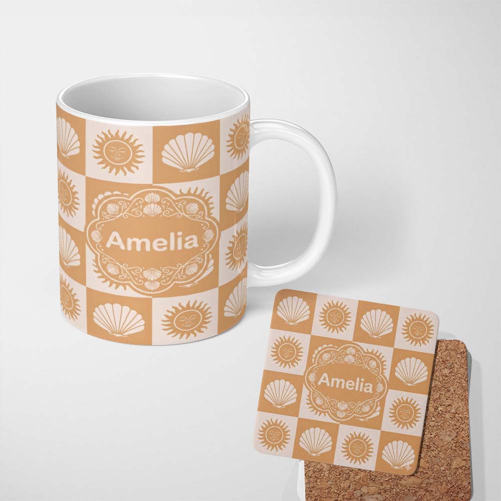 Personalized Custom Name Boho Sun and Seashell Checkerboard Beige Background Seamless 11oz Ceramic Coffee Tea Mug White Large Handle