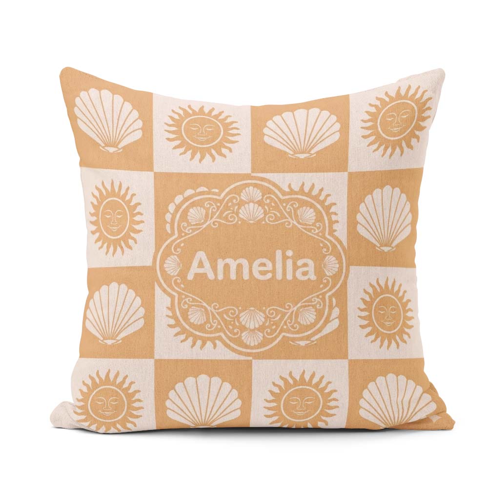 Custom Name Boho Sun and Seashell Checkerboard Beige Background Square Filled Cushion Throw Pillow Sofa Bed Home Decor Zip Washable UK Made