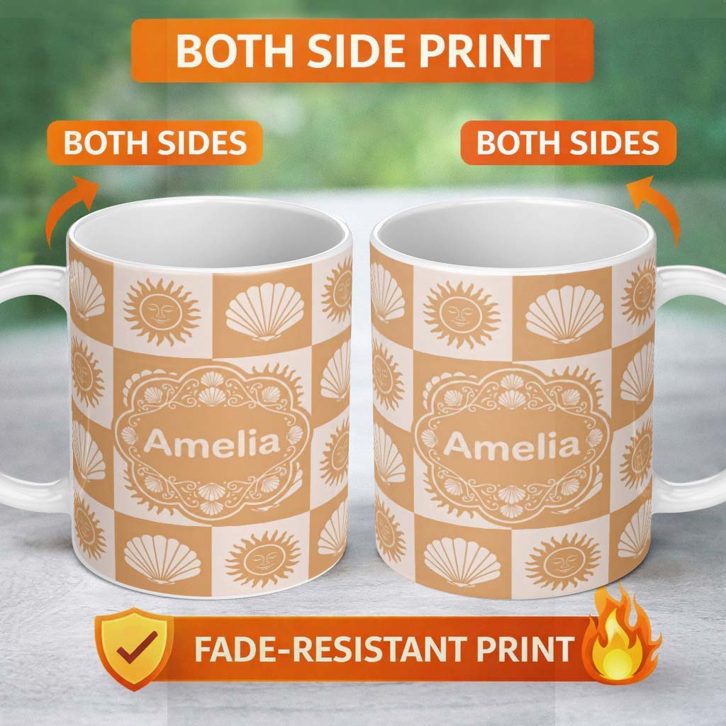 Personalized Custom Name Boho Sun and Seashell Checkerboard Beige Background Seamless 11oz Ceramic Coffee Tea Mug White Large Handle