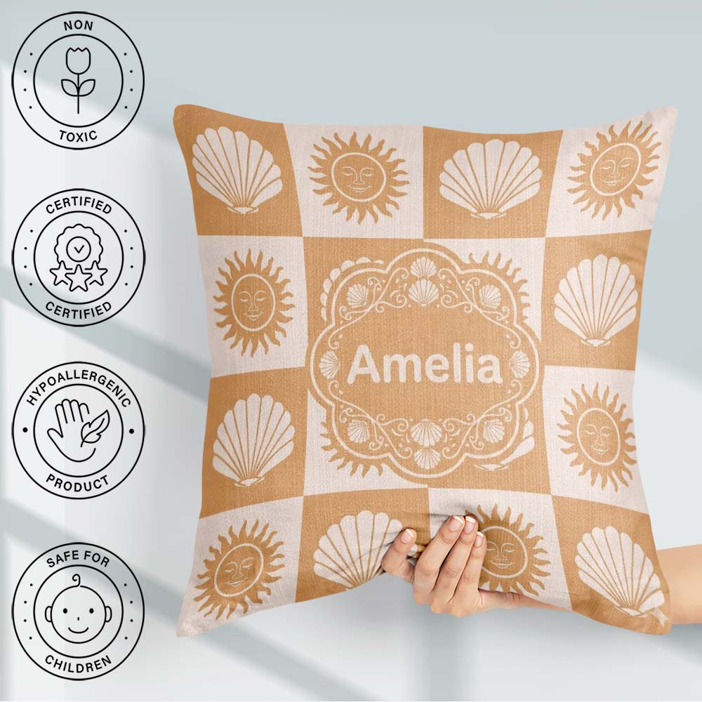 Custom Name Boho Sun and Seashell Checkerboard Beige Background Square Filled Cushion Throw Pillow Sofa Bed Home Decor Zip Washable UK Made