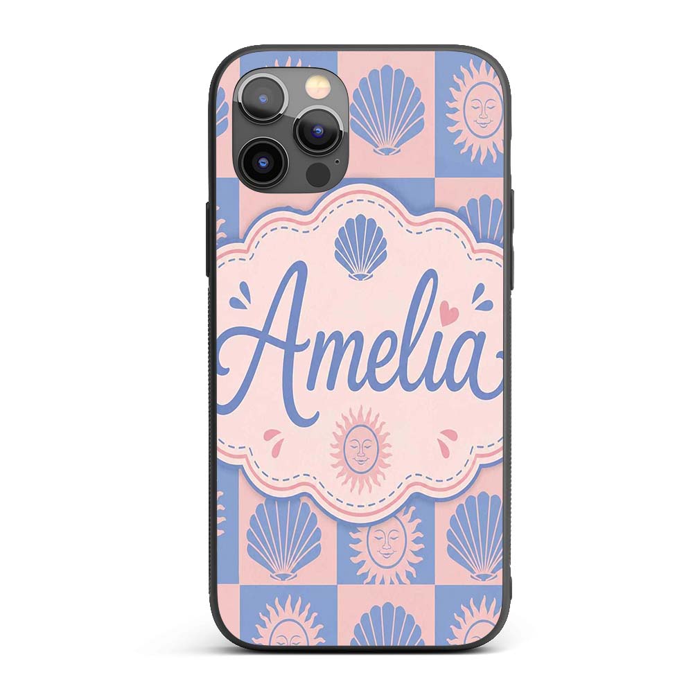 Boho Sun and Seashell Checkerboard Blue Pink Custom Name Protective Phone Case Mobile Cover Durable Everyday Smartphone Shock Resistant