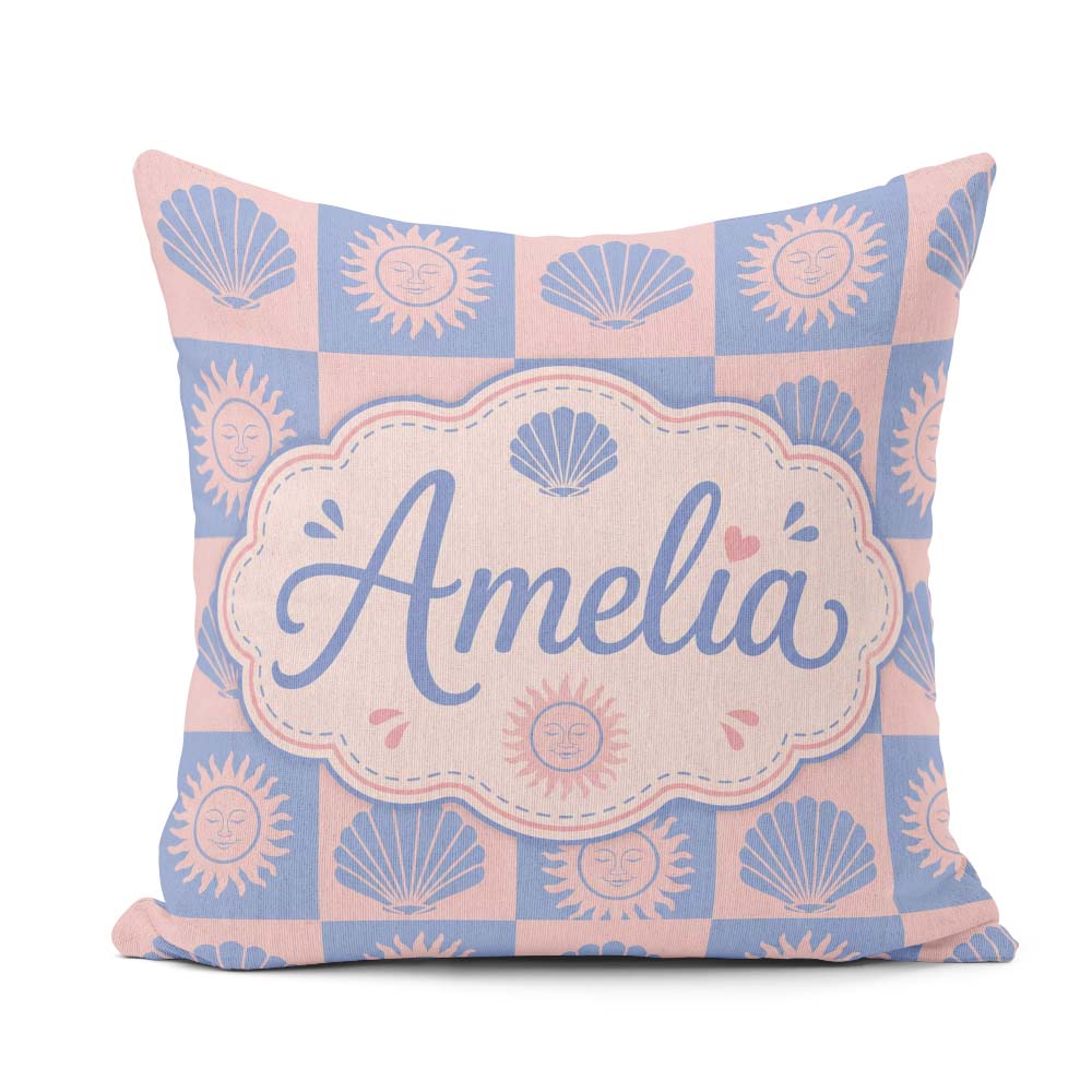 Custom Name Boho Sun and Seashell Blue Pink Background Seamless Square Filled Cushion Throw Pillow Sofa Bed Home Decor Zip Washable UK Made