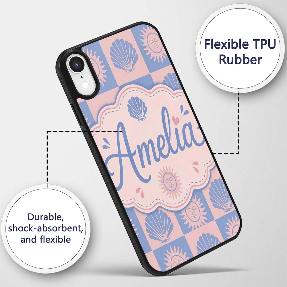 Boho Sun and Seashell Checkerboard Blue Pink Custom Name Protective Phone Case Mobile Cover Durable Everyday Smartphone Shock Resistant