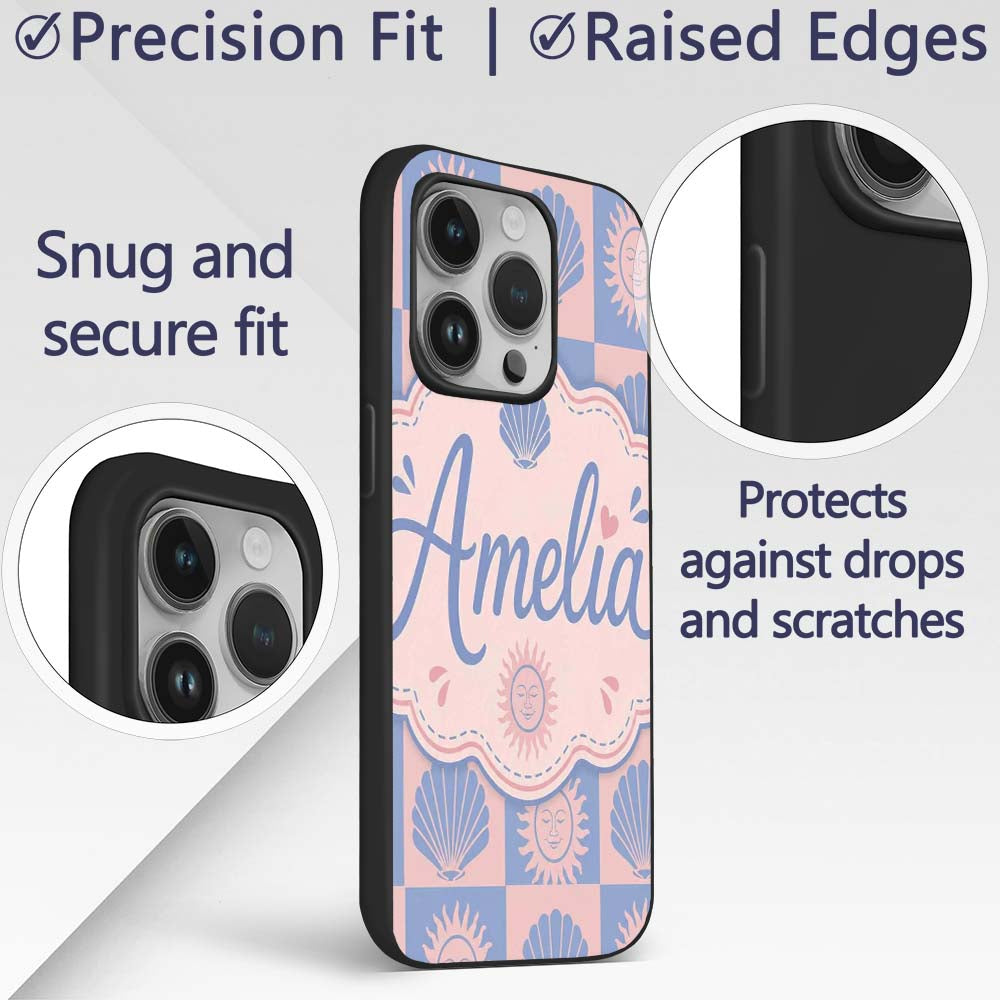 Boho Sun and Seashell Checkerboard Blue Pink Custom Name Protective Phone Case Mobile Cover Durable Everyday Smartphone Shock Resistant