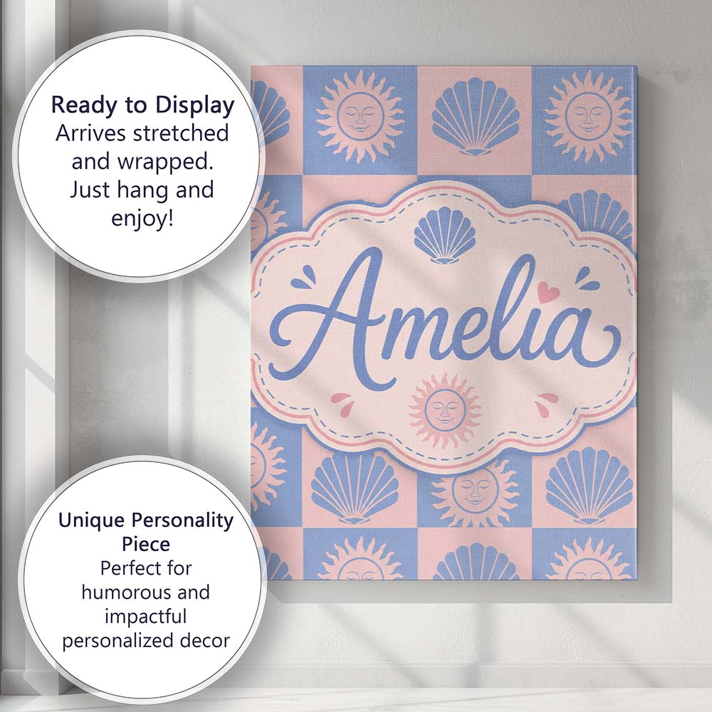Personalised Name Boho Sun and Seashell Custom Modern Room Accent Elegant Feature Canvas Wall Art Print Decor Picture Ready to Hang