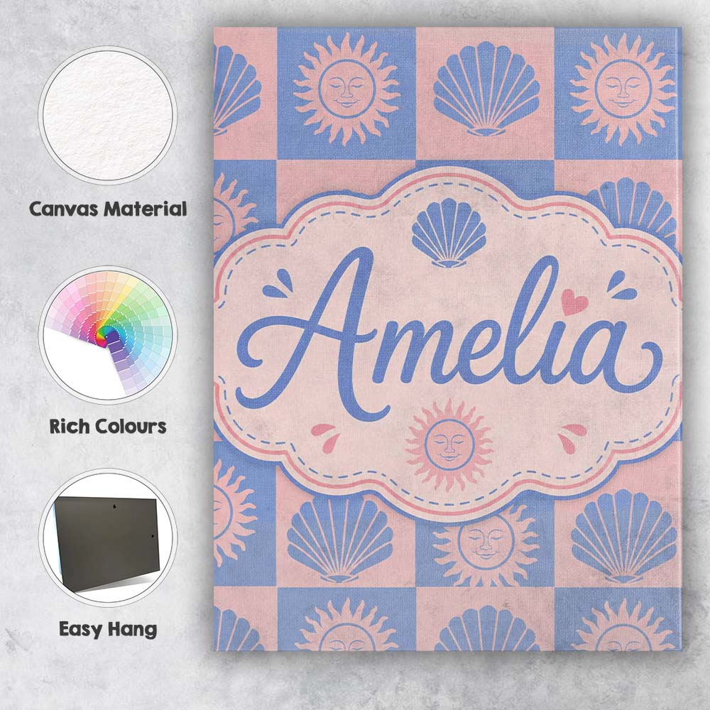 Personalised Name Boho Sun and Seashell Custom Modern Room Accent Elegant Feature Canvas Wall Art Print Decor Picture Ready to Hang