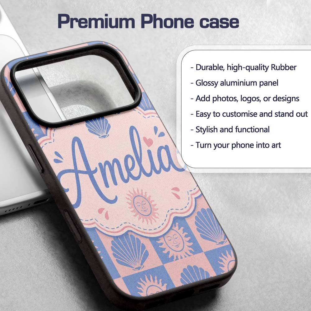 Boho Sun and Seashell Checkerboard Blue Pink Custom Name Protective Phone Case Mobile Cover Durable Everyday Smartphone Shock Resistant