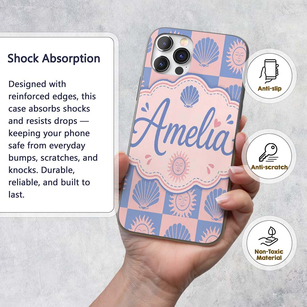 Boho Sun and Seashell Checkerboard Blue Pink Custom Name Protective Phone Case Mobile Cover Durable Everyday Smartphone Shock Resistant