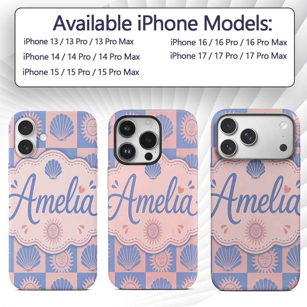 Boho Sun and Seashell Checkerboard Blue Pink Custom Name Protective Phone Case Mobile Cover Durable Everyday Smartphone Shock Resistant
