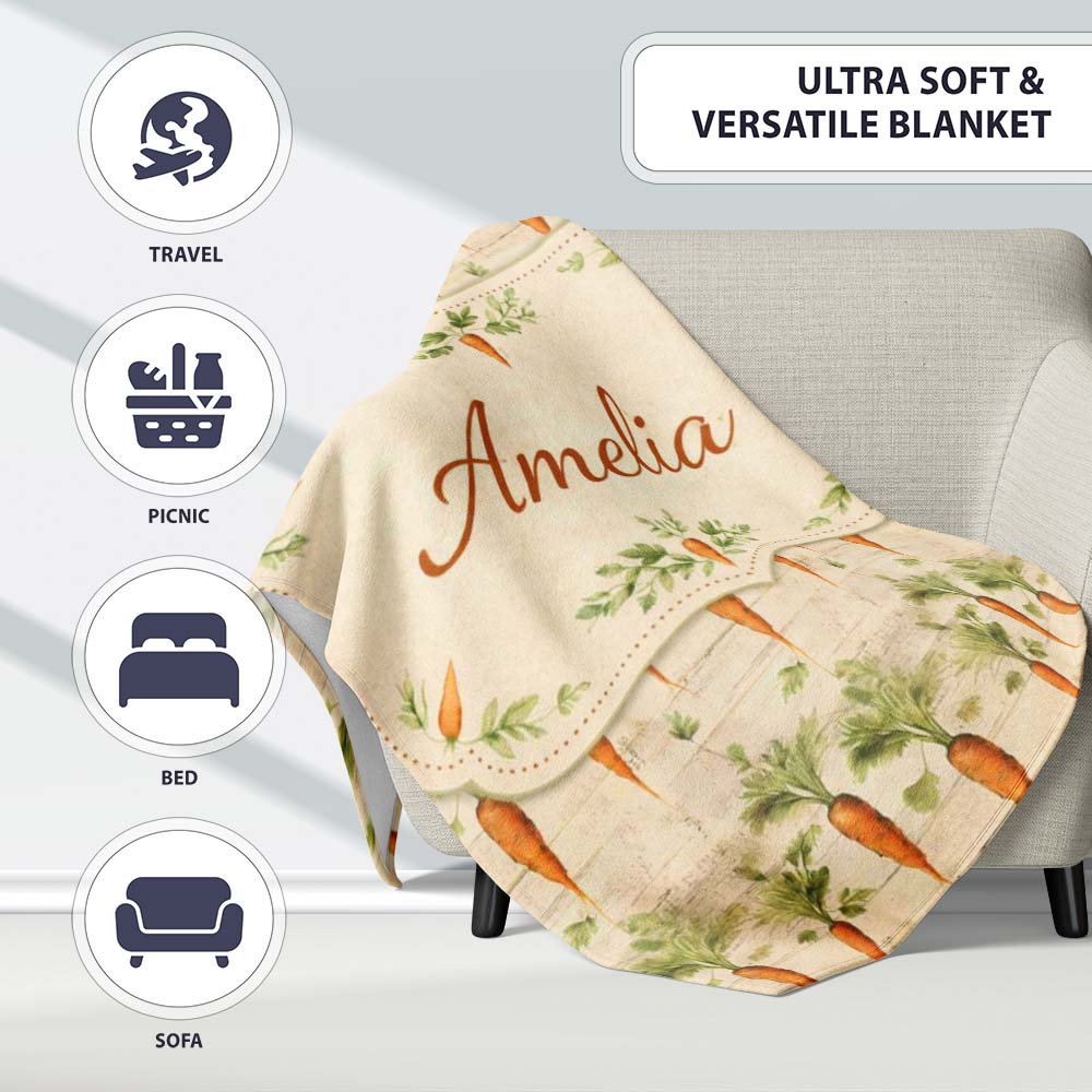 Rustic Carrot Vegetable Botanical Vintage Seamless Pattern Lovely Personalised Custom Name Super Soft Fleece Blanket Bed Sofa Throw