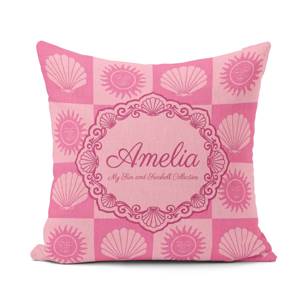 Custom Name Boho Sun and Seashell Pink Tones Background Seamless Square Filled Cushion Throw Pillow Sofa Bed Home Decor Zip Washable UK Made