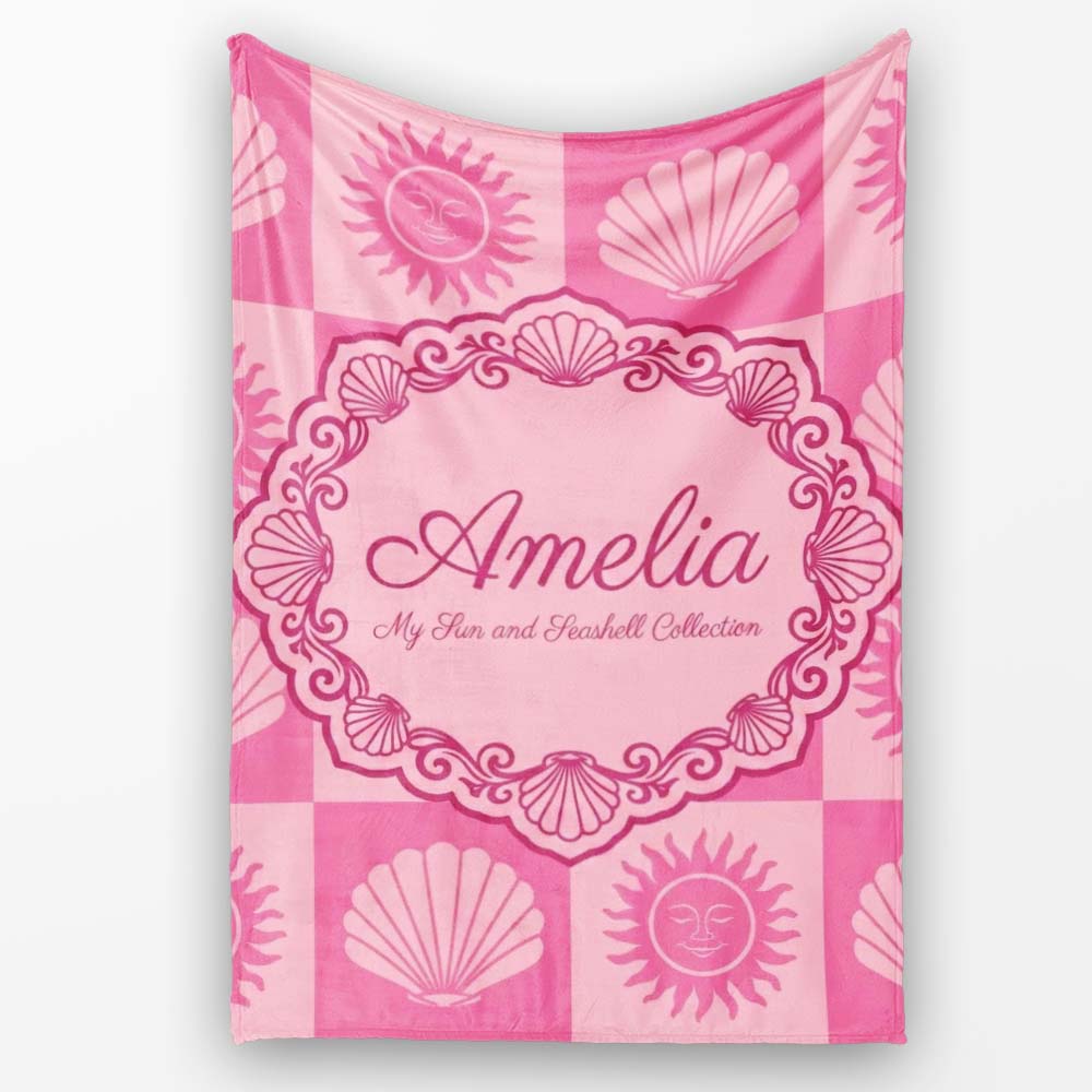 Boho Sun and Seashell Checkerboard Pink Tones Background Seamless Personalised Custom Name Super Soft Fleece Blanket Bed Sofa Throw