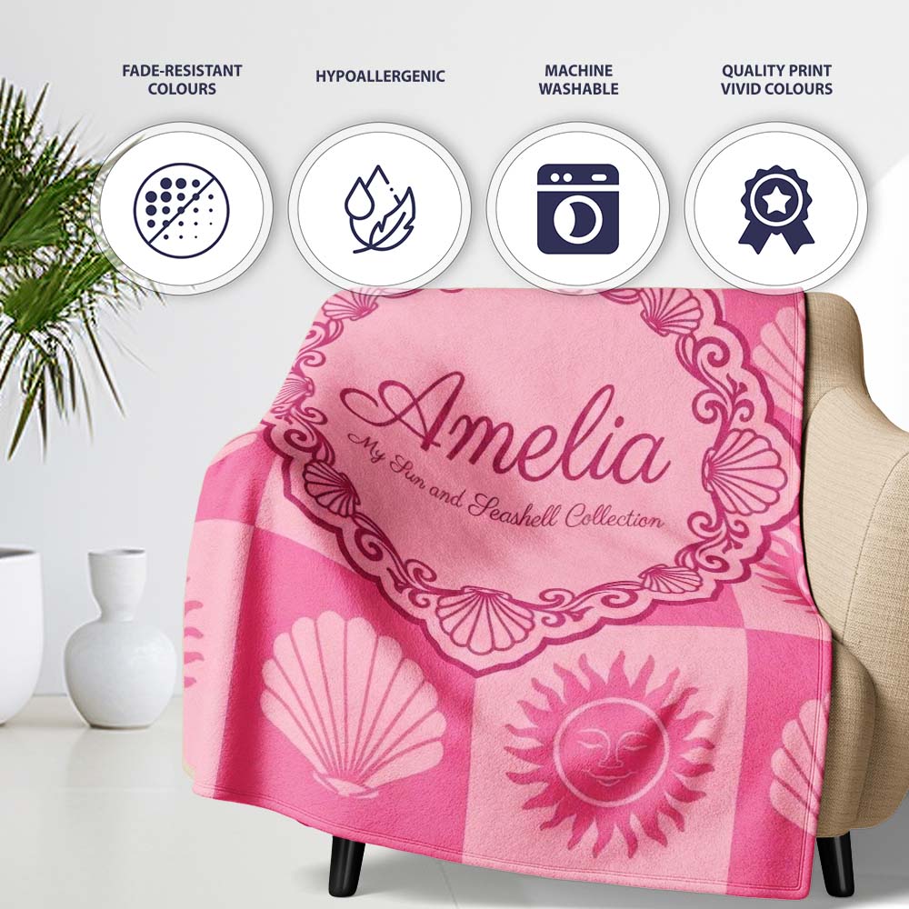 Boho Sun and Seashell Checkerboard Pink Tones Background Seamless Personalised Custom Name Super Soft Fleece Blanket Bed Sofa Throw