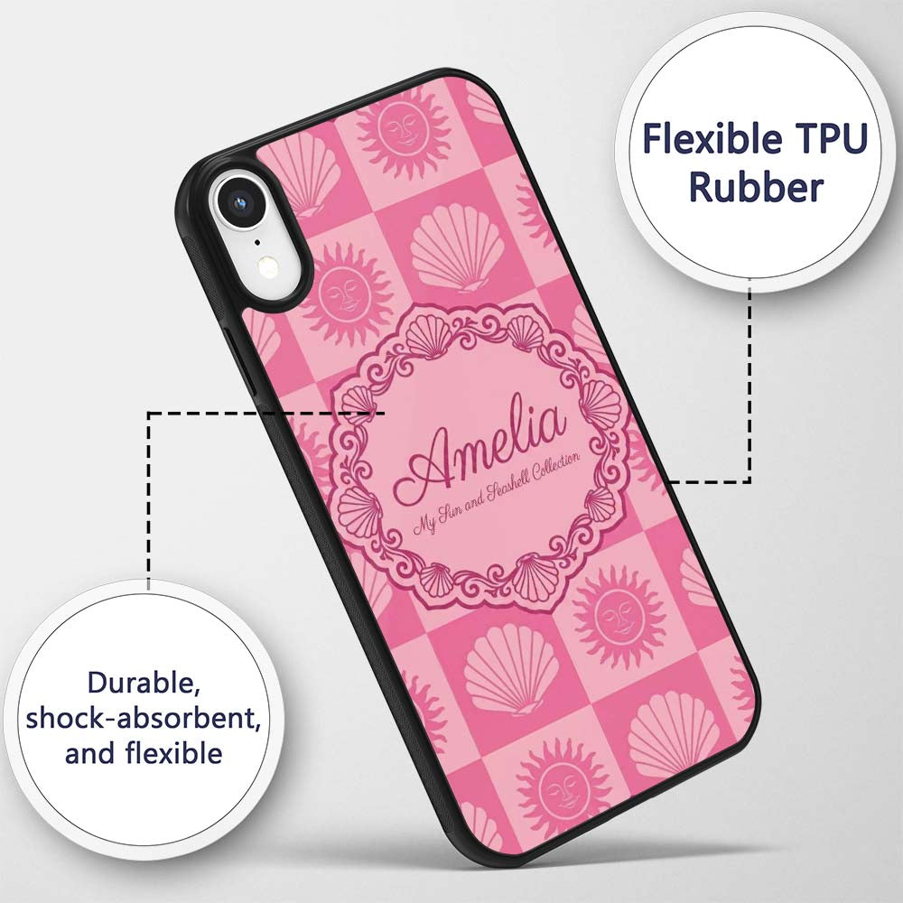Boho Sun and Seashell Checkerboard Pink Tones Custom Name Protective Phone Case Mobile Cover Durable Everyday Smartphone Shock Resistant