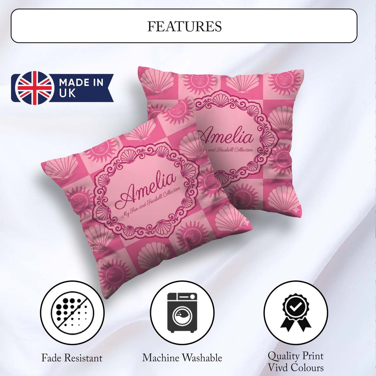 Custom Name Boho Sun and Seashell Pink Tones Background Seamless Square Filled Cushion Throw Pillow Sofa Bed Home Decor Zip Washable UK Made