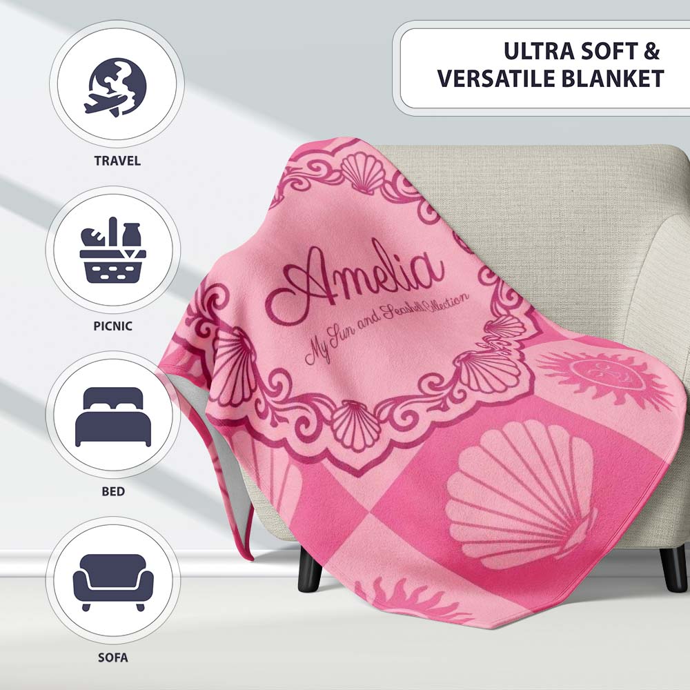 Boho Sun and Seashell Checkerboard Pink Tones Background Seamless Personalised Custom Name Super Soft Fleece Blanket Bed Sofa Throw