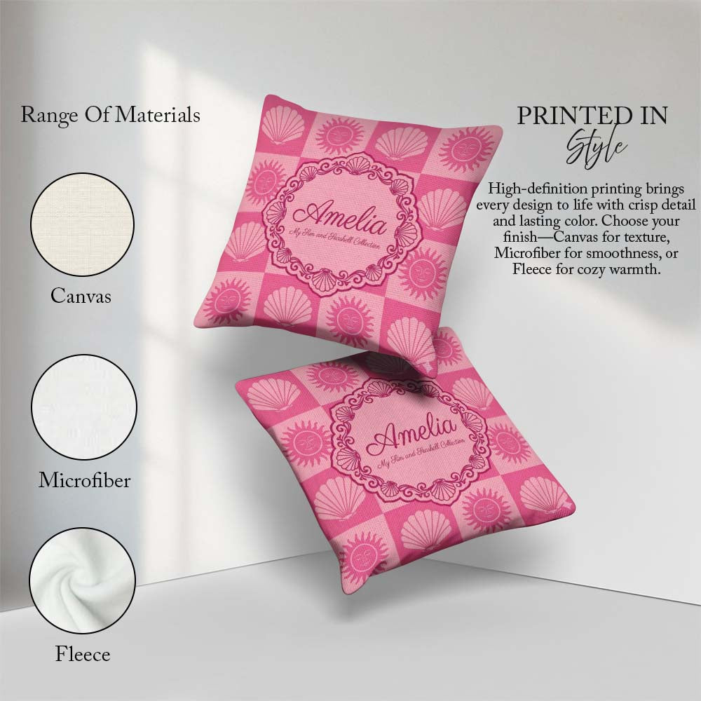 Custom Name Boho Sun and Seashell Pink Tones Background Seamless Square Filled Cushion Throw Pillow Sofa Bed Home Decor Zip Washable UK Made