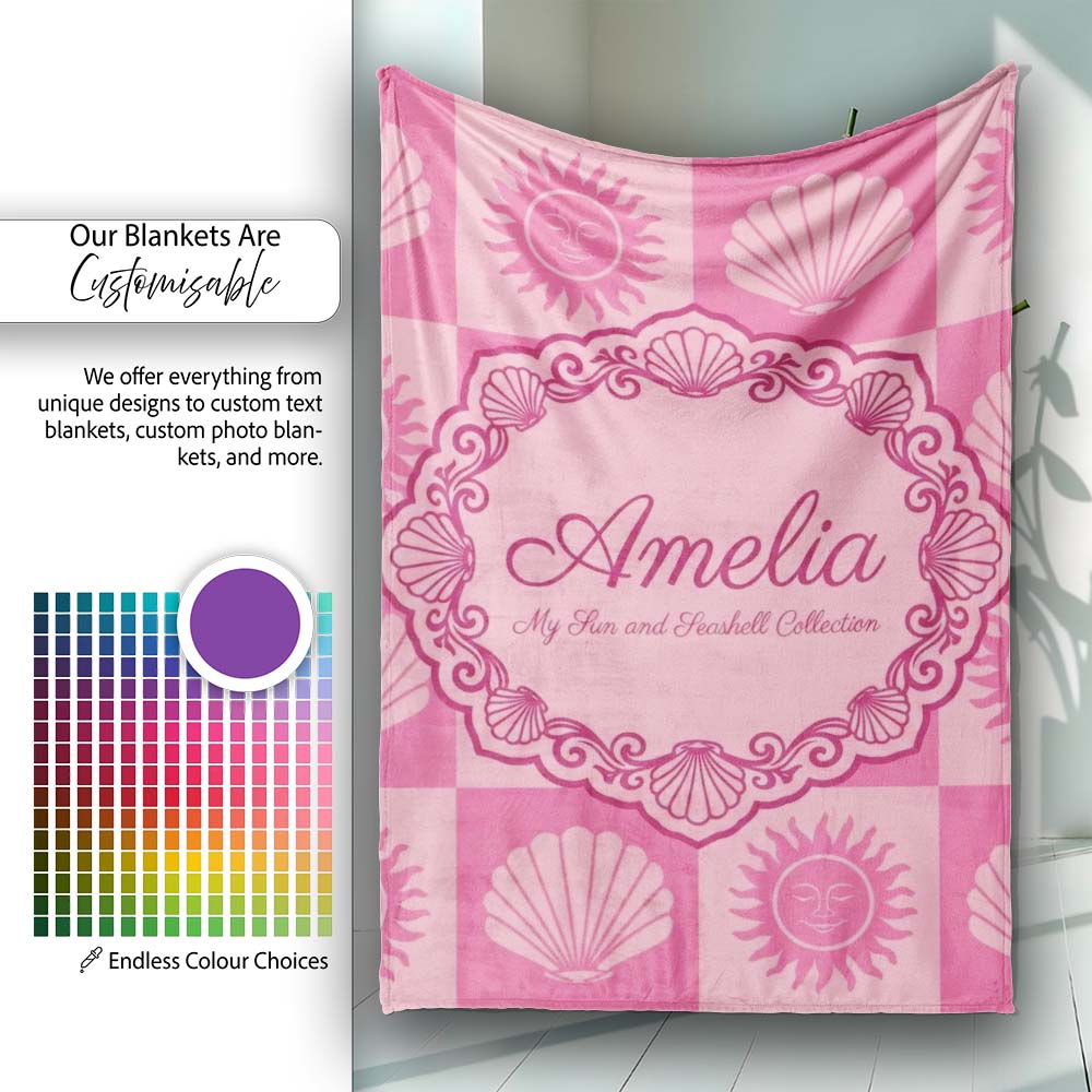 Boho Sun and Seashell Checkerboard Pink Tones Background Seamless Personalised Custom Name Super Soft Fleece Blanket Bed Sofa Throw