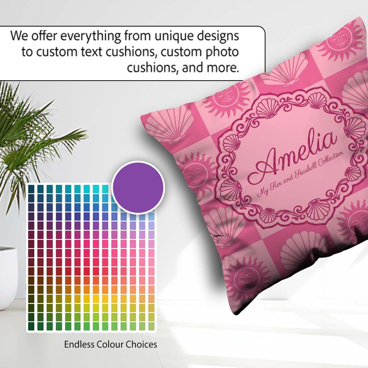 Custom Name Boho Sun and Seashell Pink Tones Background Seamless Square Filled Cushion Throw Pillow Sofa Bed Home Decor Zip Washable UK Made
