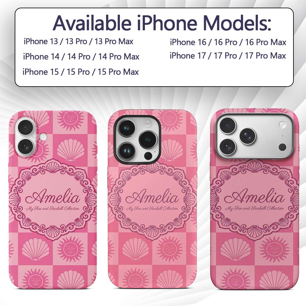 Boho Sun and Seashell Checkerboard Pink Tones Custom Name Protective Phone Case Mobile Cover Durable Everyday Smartphone Shock Resistant