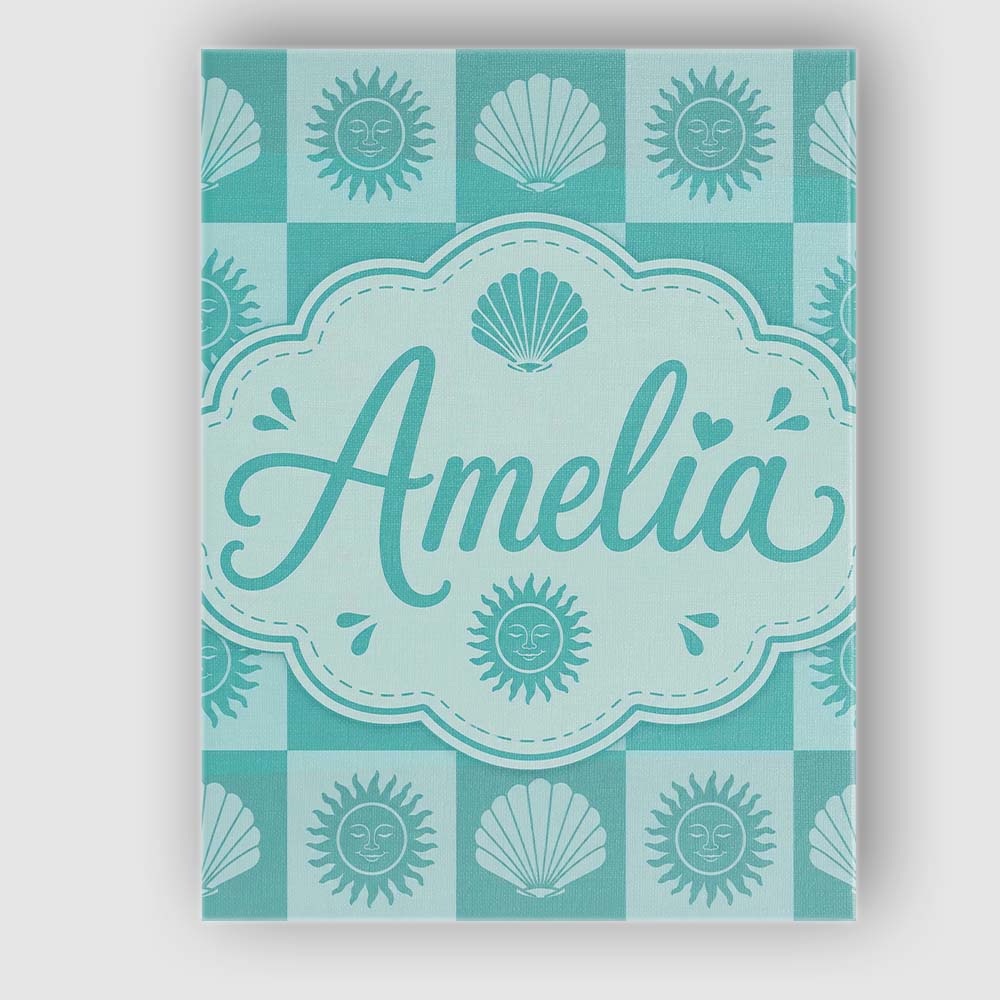 Personalised Name Teal Sun and Seashell Custom Modern Room Accent Elegant Feature Canvas Wall Art Print Decor Picture Ready to Hang