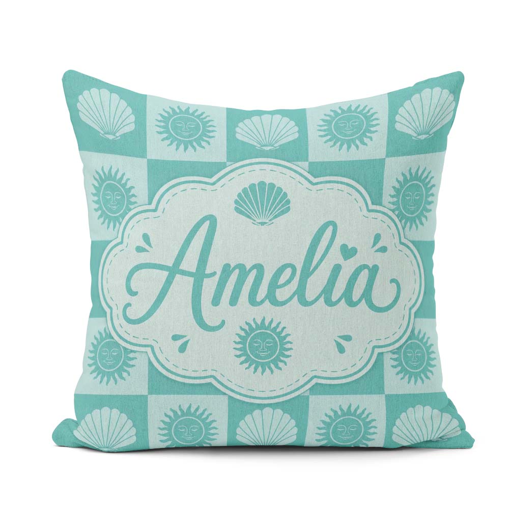 Custom Name Teal Sun and Seashell Coastal Style Seamless Pattern Square Filled Cushion Throw Pillow Sofa Bed Home Decor Zip Washable UK Made