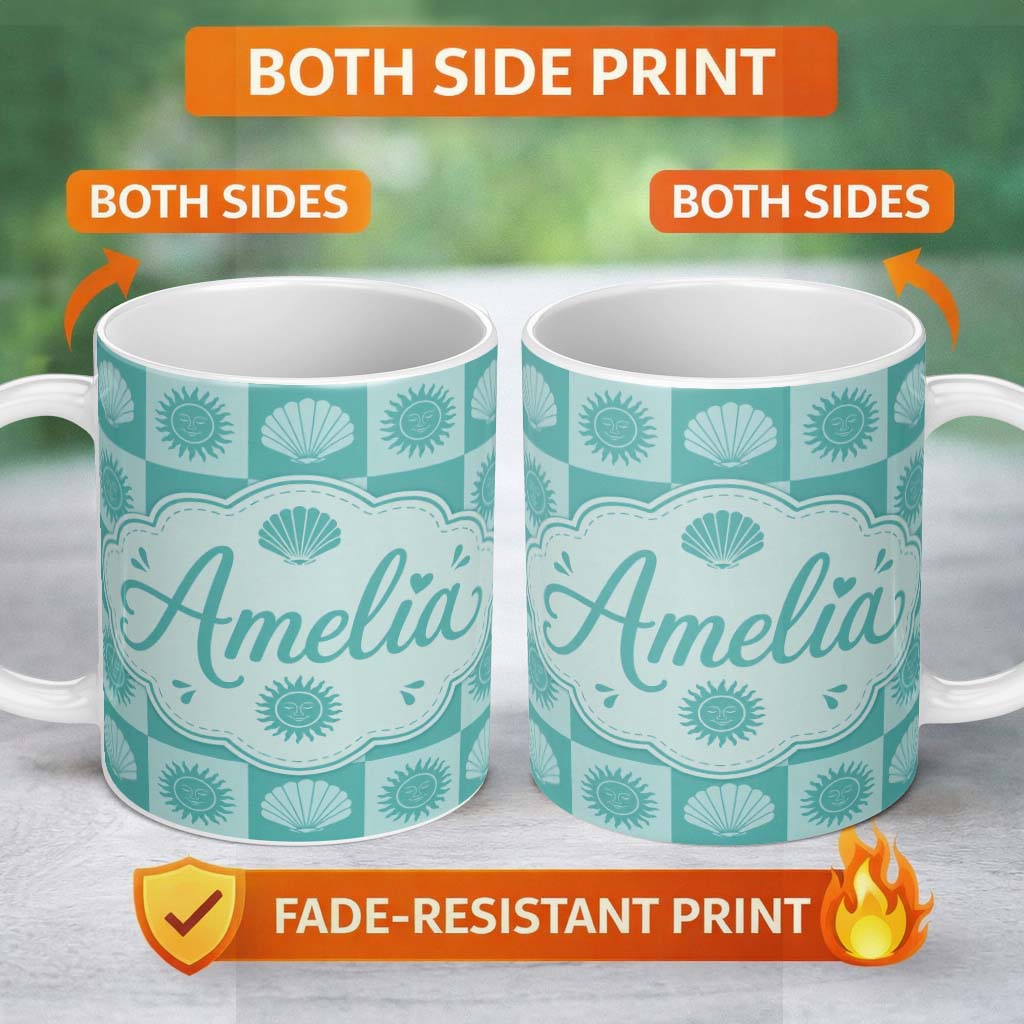 Personalized Custom Name Teal Sun and Seashell Checkerboard Coastal Style Seamless Pattern 11oz Ceramic Coffee Tea Mug White Large Handle