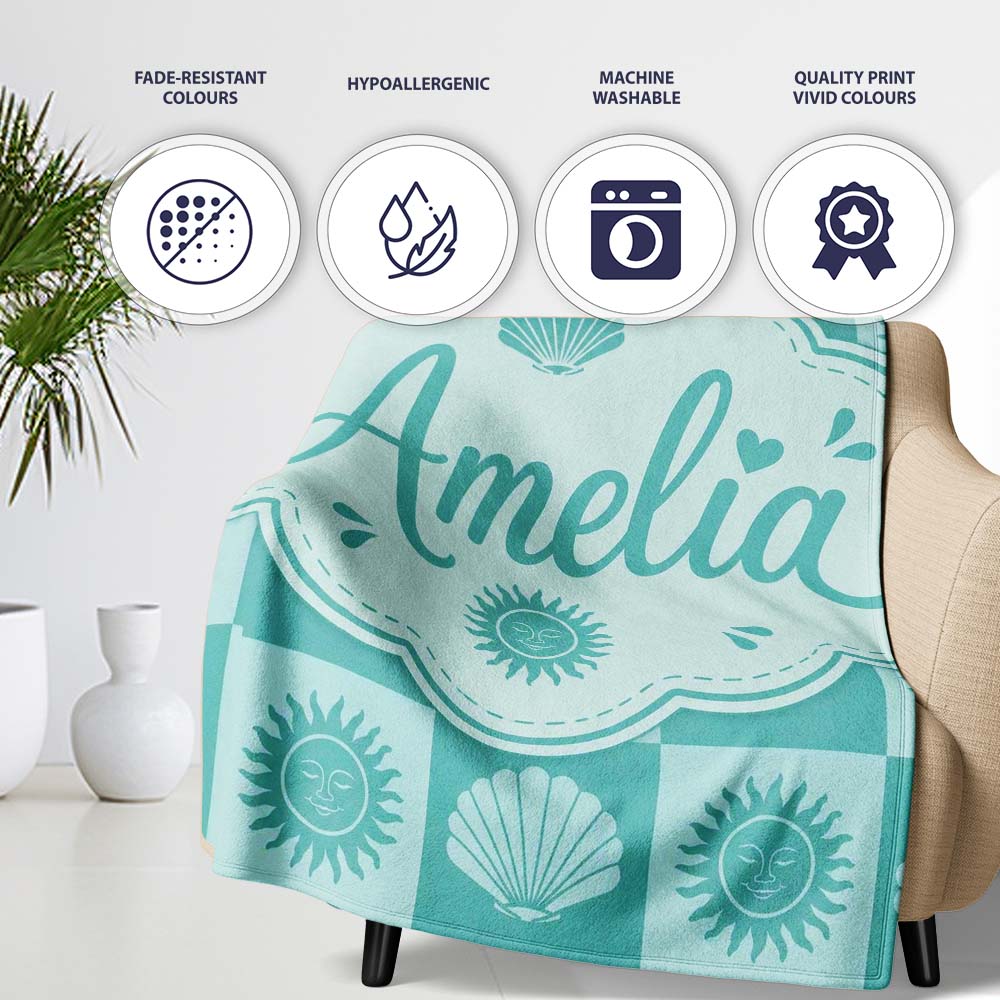 Teal Sun and Seashell Checkerboard Coastal Style Seamless Pattern Personalised Custom Name Super Soft Fleece Blanket Bed Sofa Throw