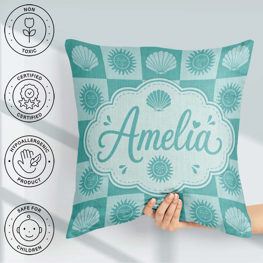 Custom Name Teal Sun and Seashell Coastal Style Seamless Pattern Square Filled Cushion Throw Pillow Sofa Bed Home Decor Zip Washable UK Made