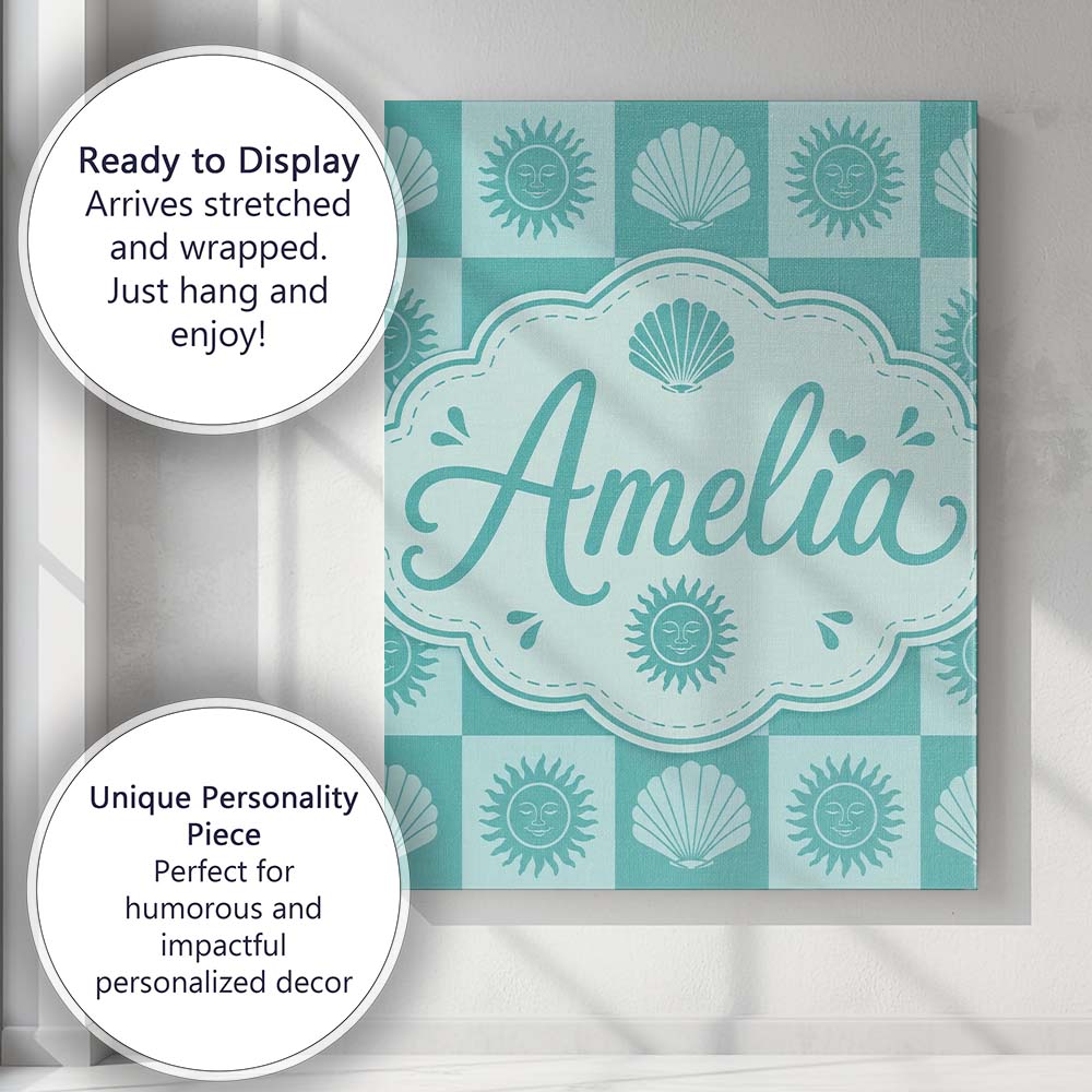 Personalised Name Teal Sun and Seashell Custom Modern Room Accent Elegant Feature Canvas Wall Art Print Decor Picture Ready to Hang