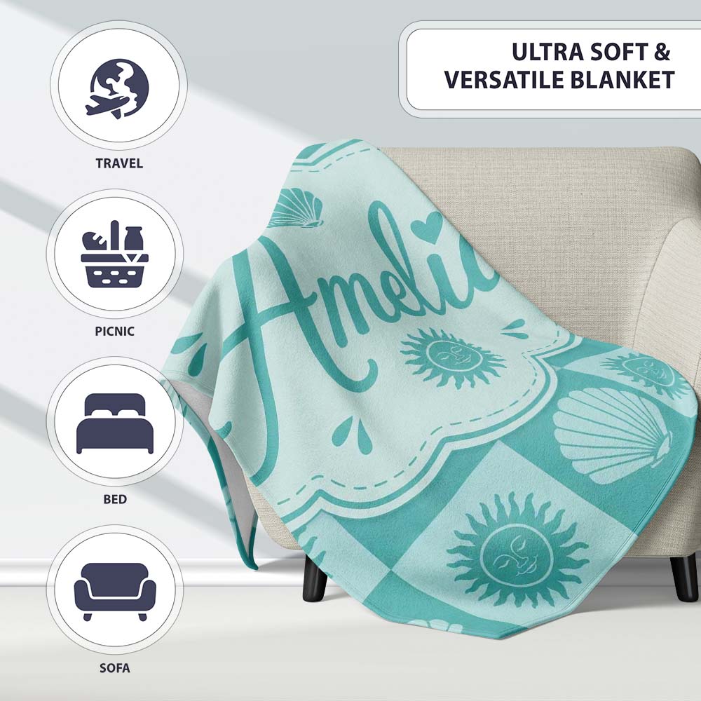 Teal Sun and Seashell Checkerboard Coastal Style Seamless Pattern Personalised Custom Name Super Soft Fleece Blanket Bed Sofa Throw