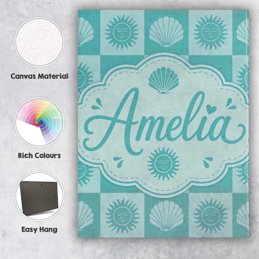 Personalised Name Teal Sun and Seashell Custom Modern Room Accent Elegant Feature Canvas Wall Art Print Decor Picture Ready to Hang