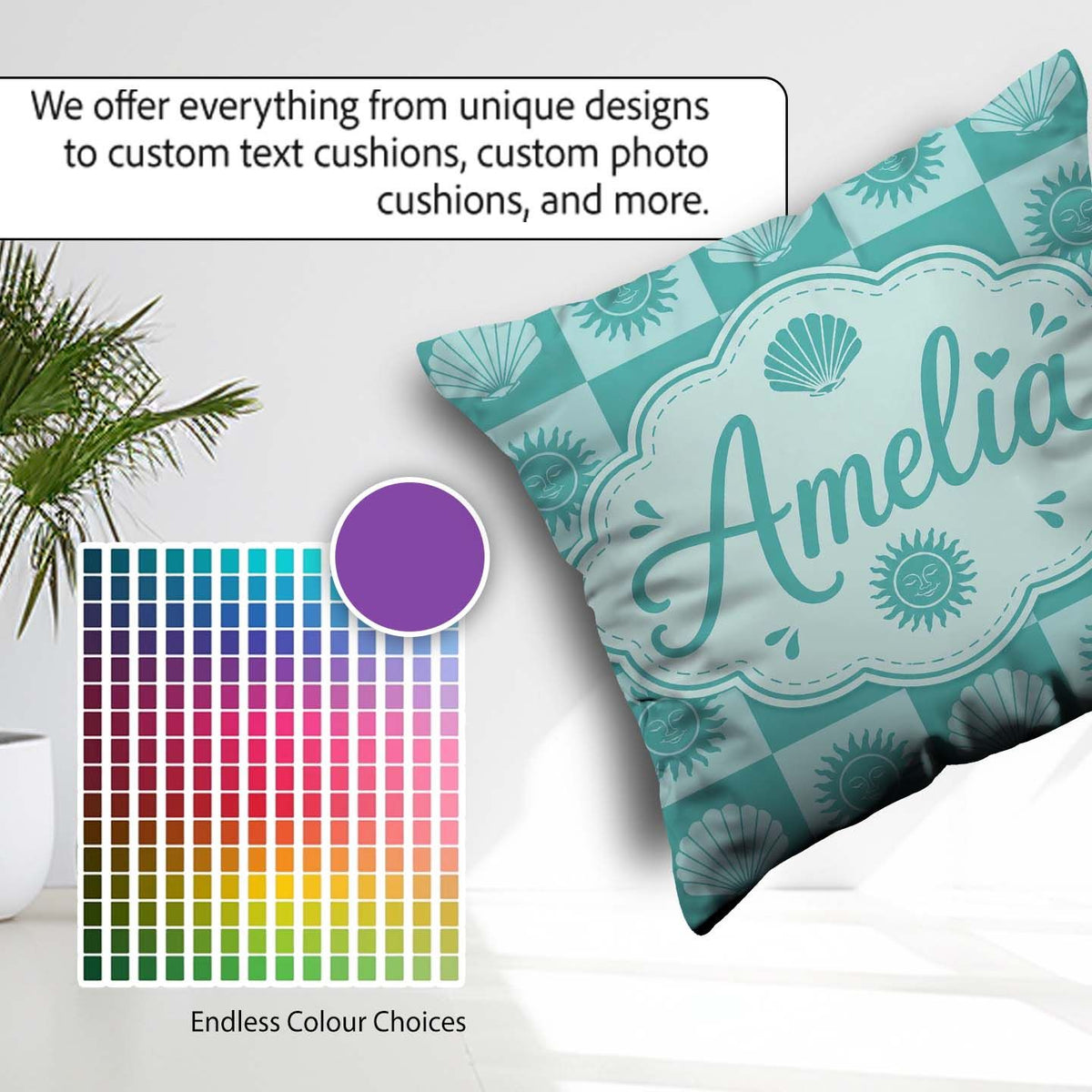 Custom Name Teal Sun and Seashell Coastal Style Seamless Pattern Square Filled Cushion Throw Pillow Sofa Bed Home Decor Zip Washable UK Made