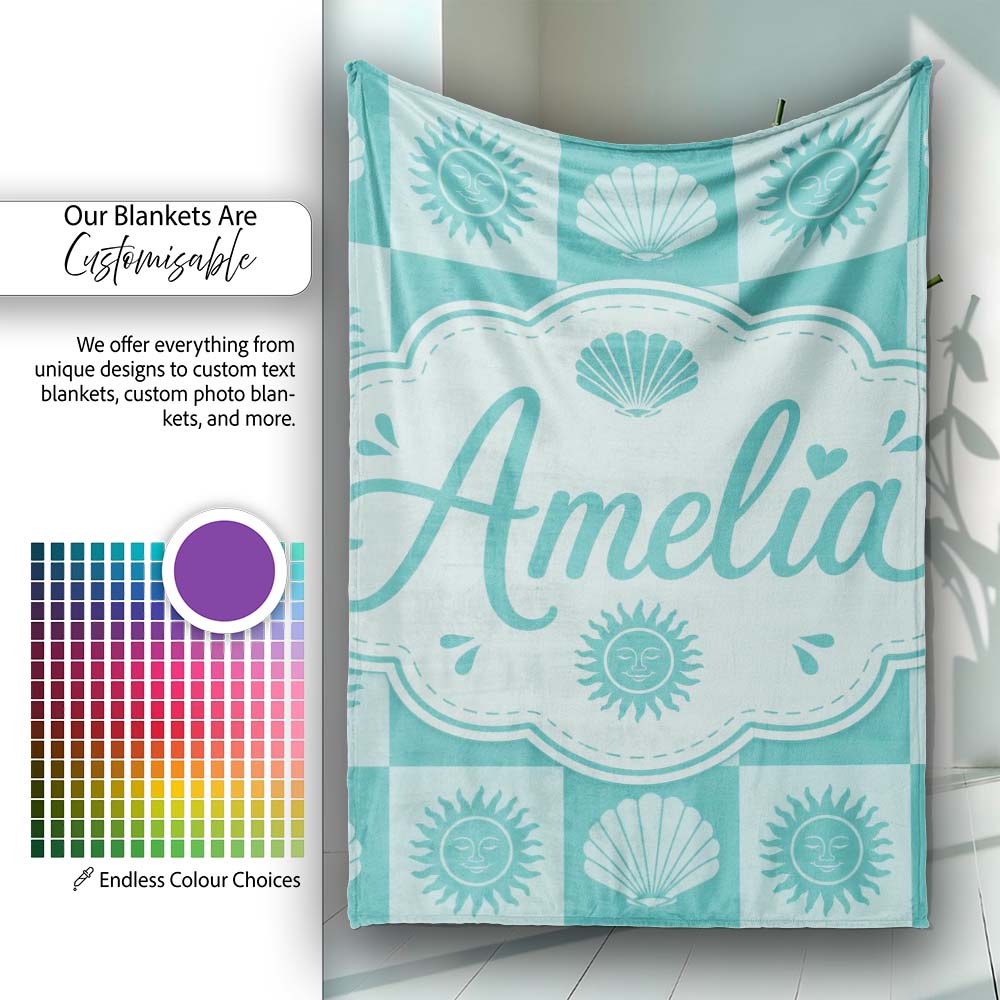 Teal Sun and Seashell Checkerboard Coastal Style Seamless Pattern Personalised Custom Name Super Soft Fleece Blanket Bed Sofa Throw