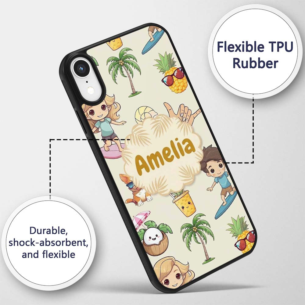 Cute Summer Beach Cartoon Kids Surf Pineapple Dog Custom Name Protective Phone Case Mobile Cover Durable Everyday Smartphone Shock Resistant