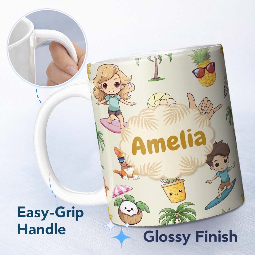 Personalized Custom Name Cute Summer Beach Cartoon Kids Surf Pineapple Dog Seamless Pattern 11oz Ceramic Coffee Tea Mug White Large Handle