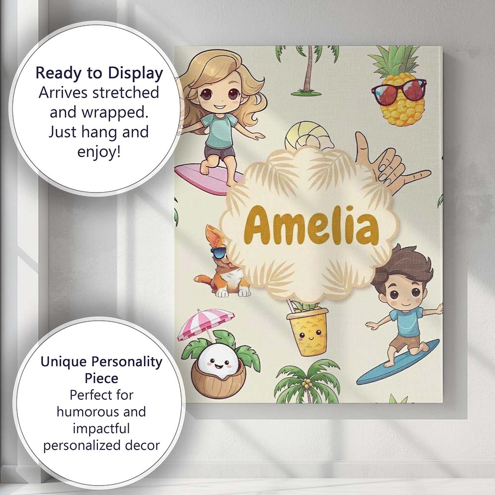Personalised Name Cute Summer Beach Cartoon Custom Bespoke Interior Contemporary Canvas Wall Art Print Decor Picture Ready to Hang