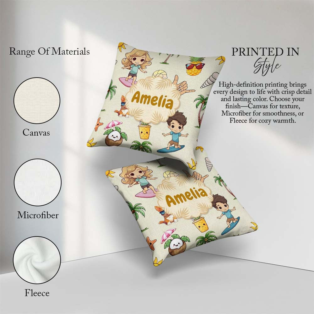 Custom Name Summer Beach Cartoon Kids Surf Pineapple Dog Pattern Square Filled Cushion Throw Pillow Sofa Bed Home Decor Zip Washable UK Made