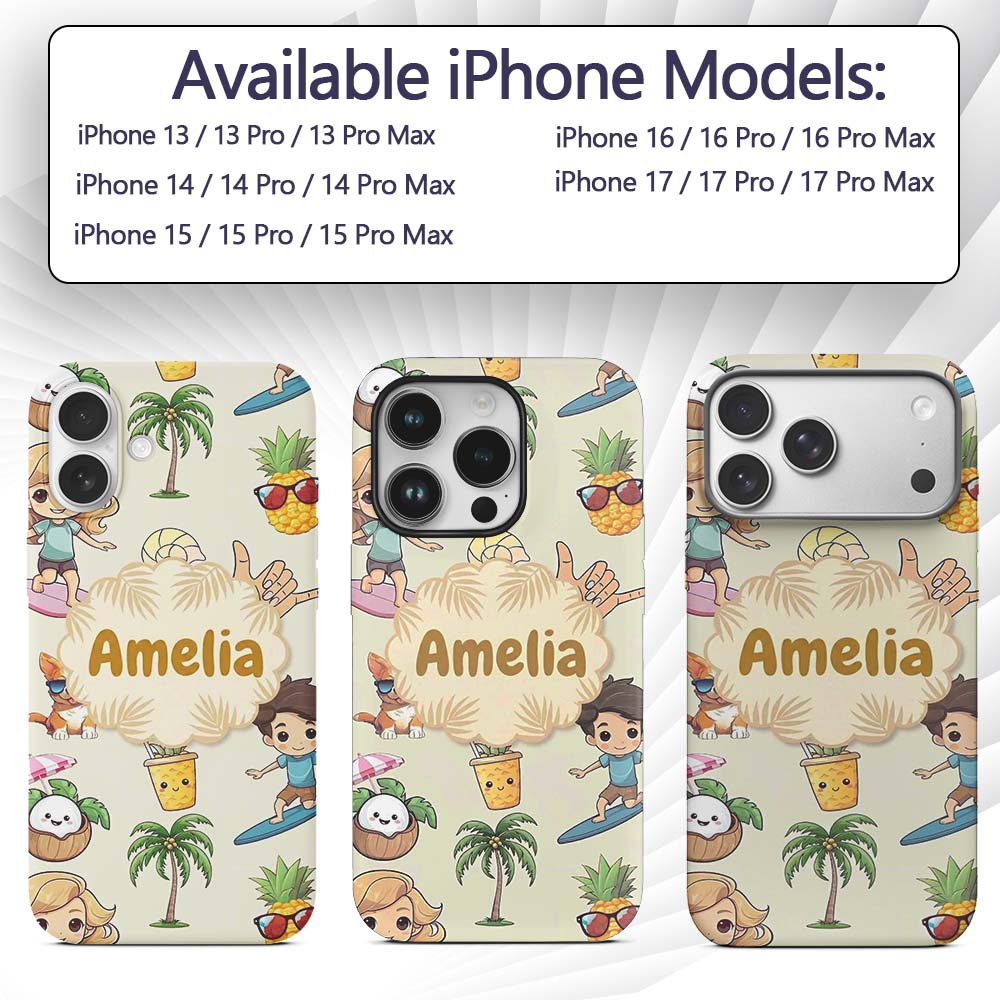 Cute Summer Beach Cartoon Kids Surf Pineapple Dog Custom Name Protective Phone Case Mobile Cover Durable Everyday Smartphone Shock Resistant