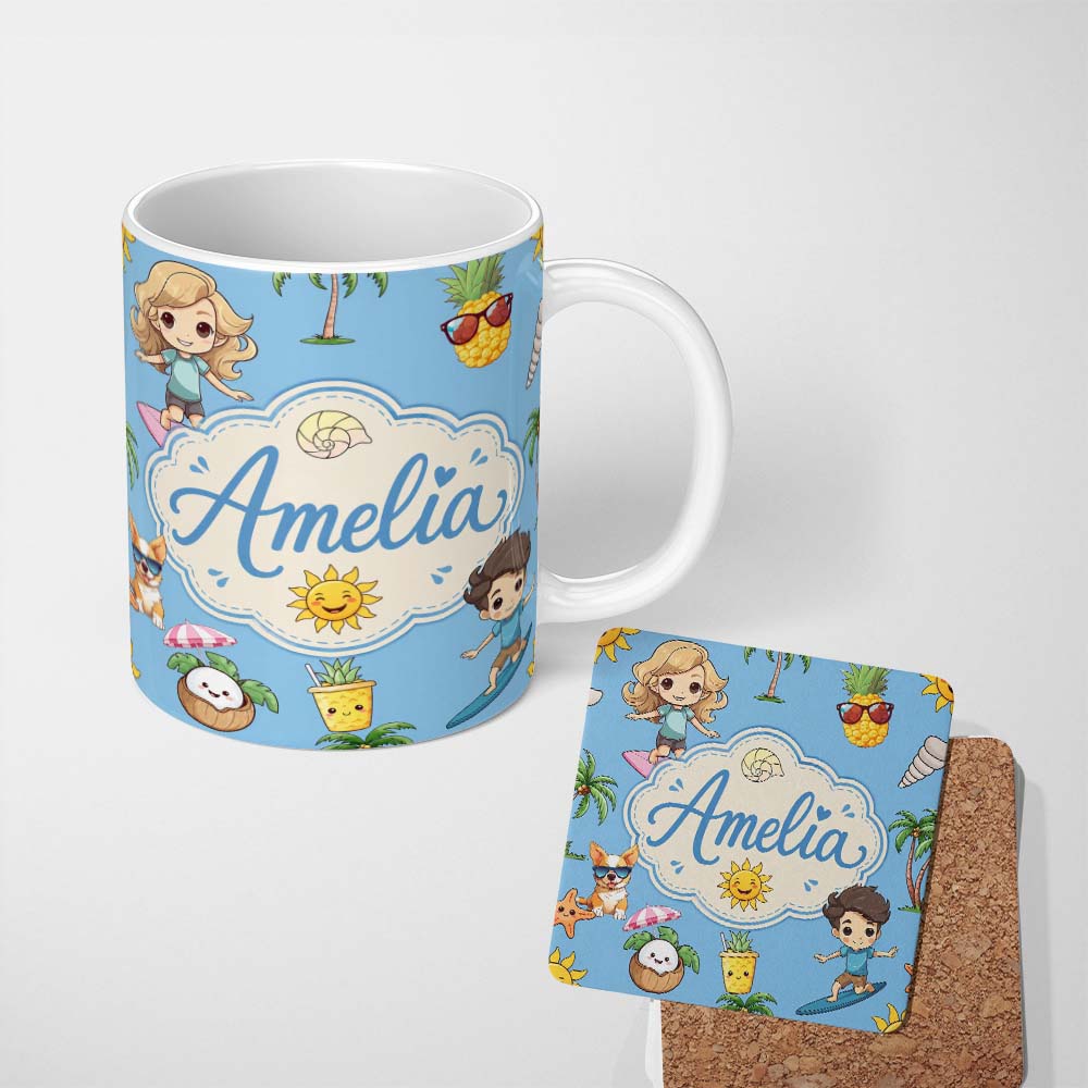 Personalized Custom Name Cute Summer Beach Cartoon Kids Surf Pineapple Blue Background 11oz Ceramic Coffee Tea Mug White Large Handle