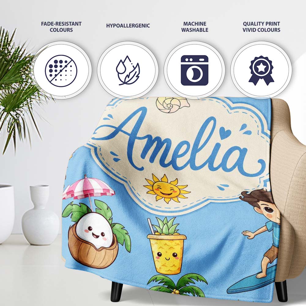 Cute Summer Beach Cartoon Kids Surf Pineapple Blue Background Personalised Custom Name Super Soft Fleece Blanket Bed Sofa Throw