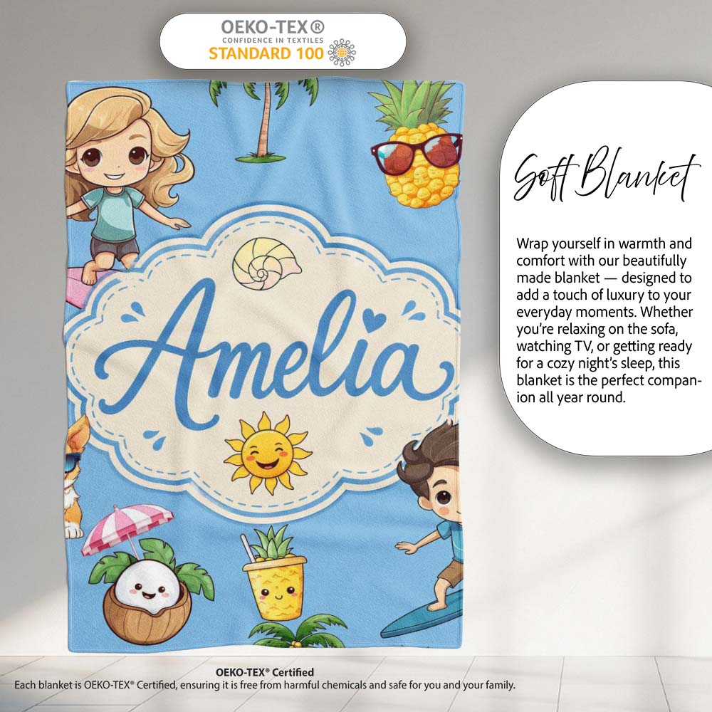 Cute Summer Beach Cartoon Kids Surf Pineapple Blue Background Personalised Custom Name Super Soft Fleece Blanket Bed Sofa Throw