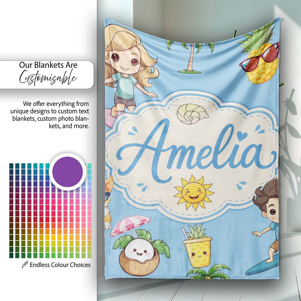 Cute Summer Beach Cartoon Kids Surf Pineapple Blue Background Personalised Custom Name Super Soft Fleece Blanket Bed Sofa Throw