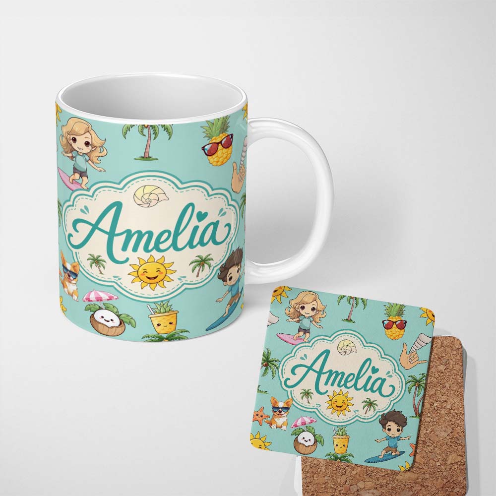 Personalized Custom Name Cute Summer Beach Cartoon Kids Surf Pineapple Mint Background 11oz Ceramic Coffee Tea Mug White Large Handle